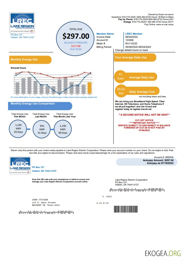 USA Oklahoma LREC Lake Region utility bill template in Word and PDF format